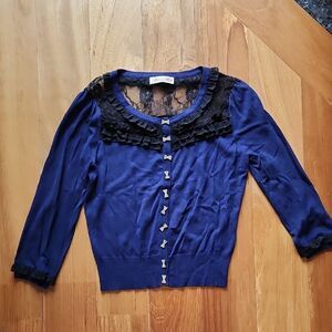 Alannah Hill Navy Top with Black Lace Overlay - Women's Size 12 (AUS) / 8 (US)